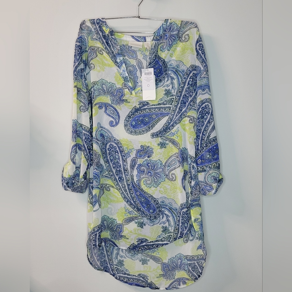 NWT Chico's Paisley Green Blue White Tunic Blouse Cover Up Sz 0 Small